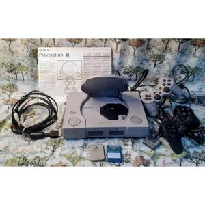 Sony PlayStation 1 Gray Console Gaming System 2 Remotes Cords Memory Cards Lot